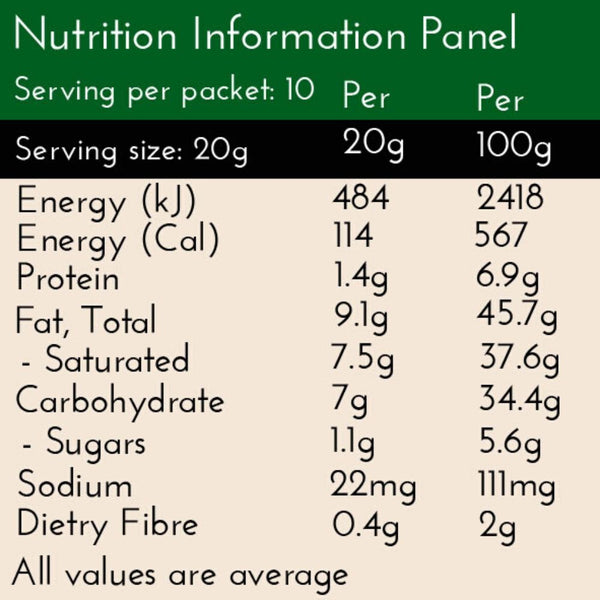 Coconut Chai Latte, nutrition panel, no added sugar, 7g Carbs per serve, 114 Calories per serve. Serving size 20g of powder to be mix with water