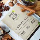 Coconut Chai Latte packed in 200gr white bag with cream label position on timber board Keto approved, 100% Vegan, less than 2 grams of sugar per serve