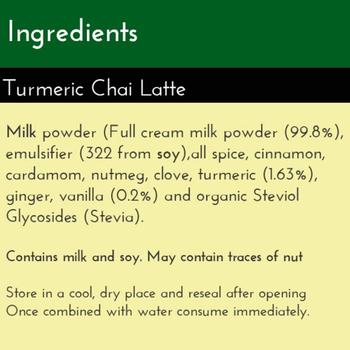 Turmeric Chai Latte, Ingredients List: Milk powder, allspice, cinnamon, cardamom, nutmeg, vanilla, ginger, turmeric, clove, and organic Stevia